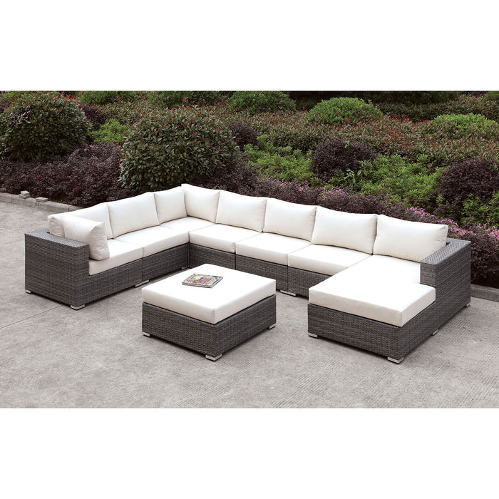 Somani Light Gray Wicker/Ivory Cushion U-Sectional + Ottoman