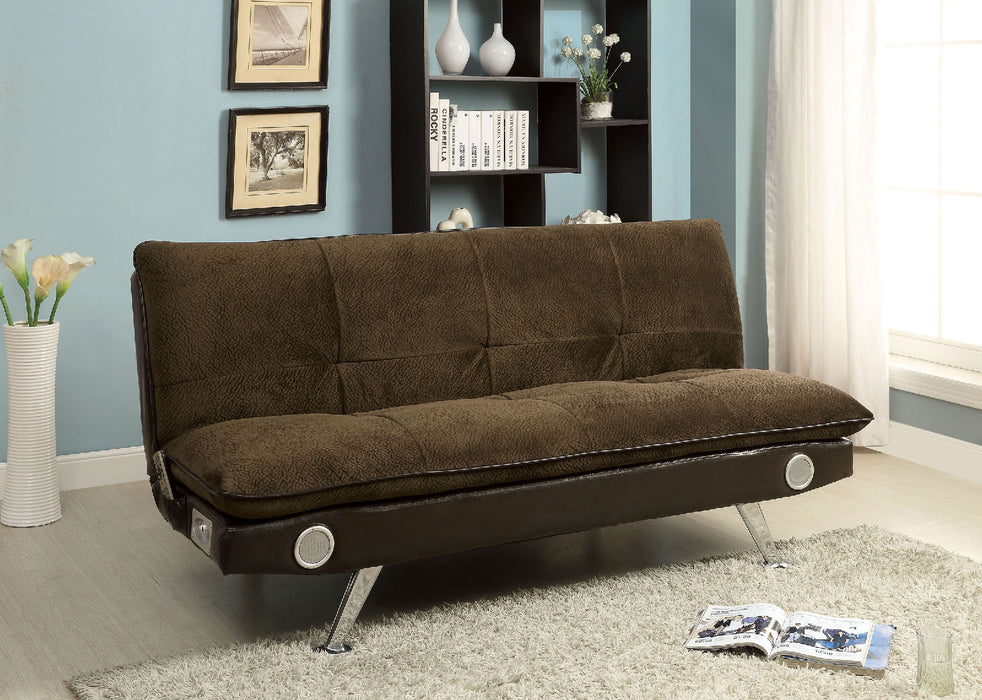 GALLAGHER Dark Brown/Chrome Futon Sofa w/ Bluetooth Speaker, Brown image