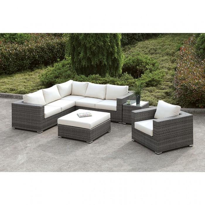 Somani Light Gray Wicker/Ivory Cushion L-Sectional + Chair + Coffee Table + End Table image